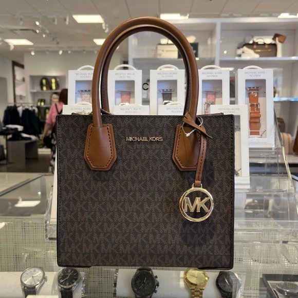* Original * Michael Kors Mercer Medium Brown MK Signature Messenger Satchel Bag - Picture 1 of 10